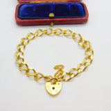 9ct Yellow Gold Curb Link Charm Bracelet with Heart Lock Clasp Vintage Sheffield