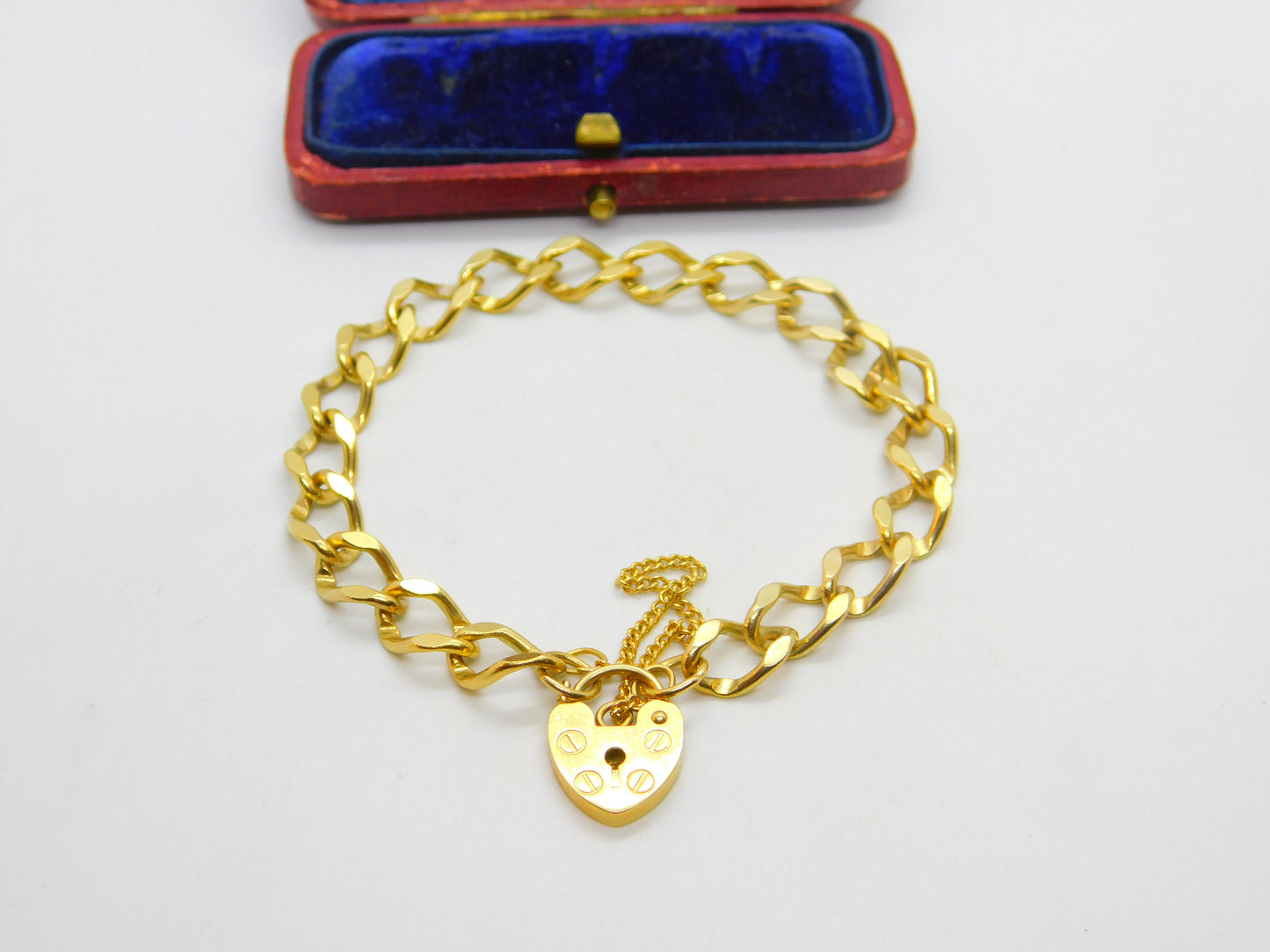 9ct Yellow Gold Curb Link Charm Bracelet with Heart Lock Clasp Vintage Sheffield