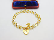 9ct Yellow Gold Curb Link Charm Bracelet with Heart Lock Clasp Vintage Sheffield