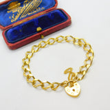 9ct Yellow Gold Curb Link Charm Bracelet with Heart Lock Clasp Vintage Sheffield