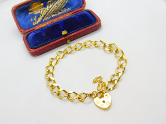 9ct Yellow Gold Curb Link Charm Bracelet with Heart Lock Clasp Vintage Sheffield