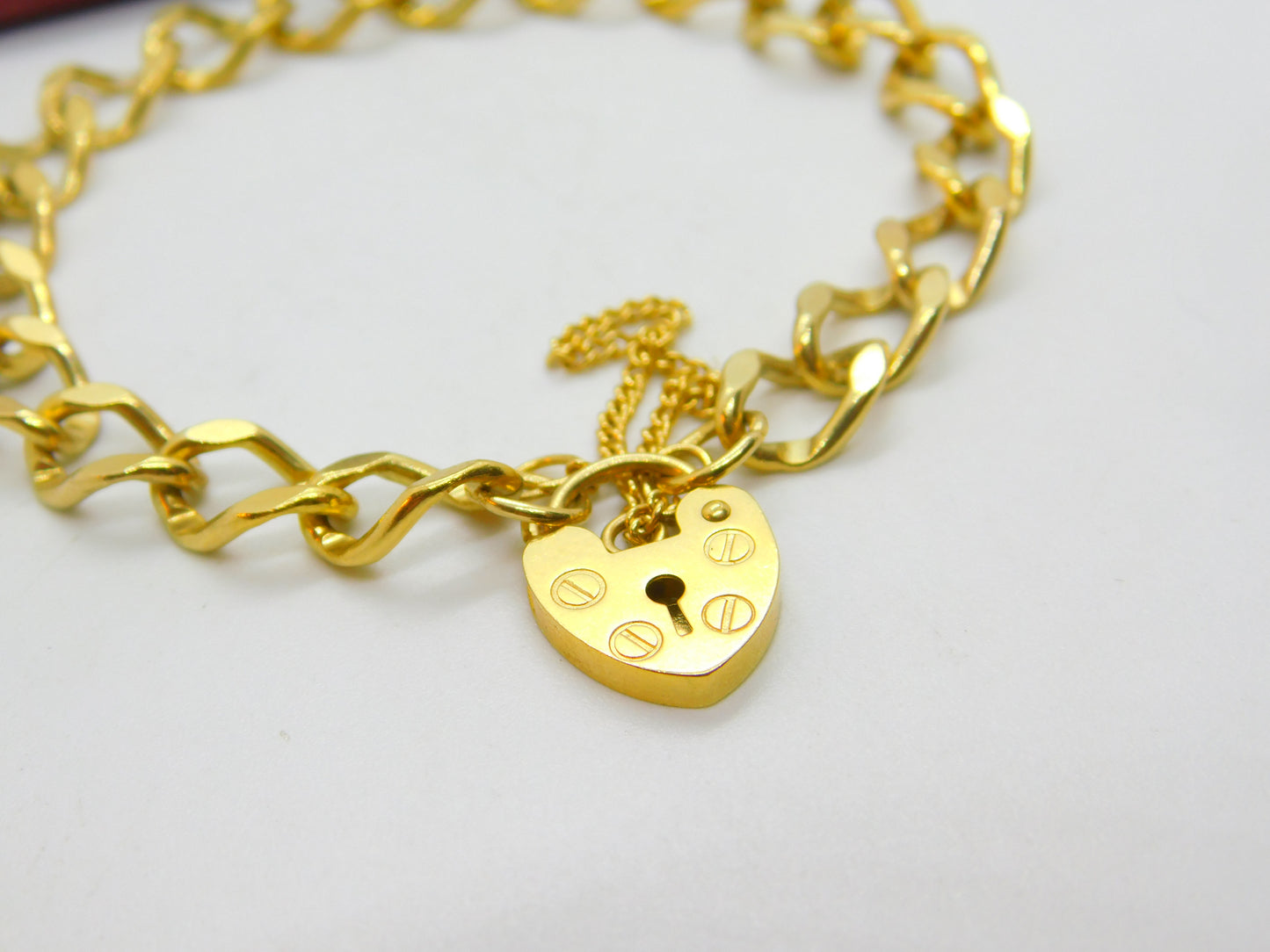 9ct Yellow Gold Curb Link Charm Bracelet with Heart Lock Clasp Vintage Sheffield