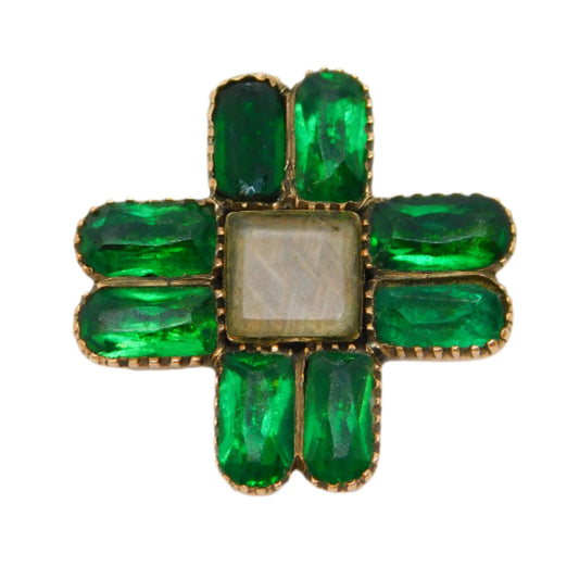 George III 15ct Rose Gold, Green Paste, Hair Set Cross Mourning Brooch Antique c1790