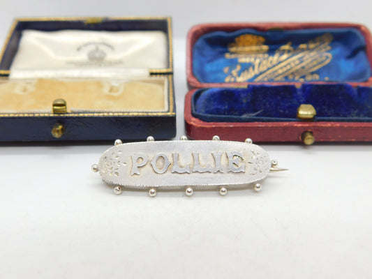 Victorian Sterling Silver Pollie Name Christening Brooch Antique 1890 Birmingham