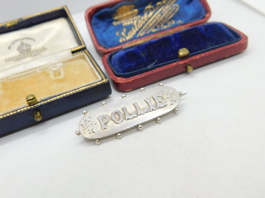 Victorian Sterling Silver Pollie Name Christening Brooch Antique 1890 Birmingham