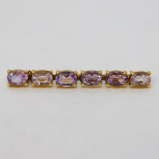 9ct Yellow Gold Six-Stone Amethyst Set Bar Brooch Vintage 1989 Birmingham