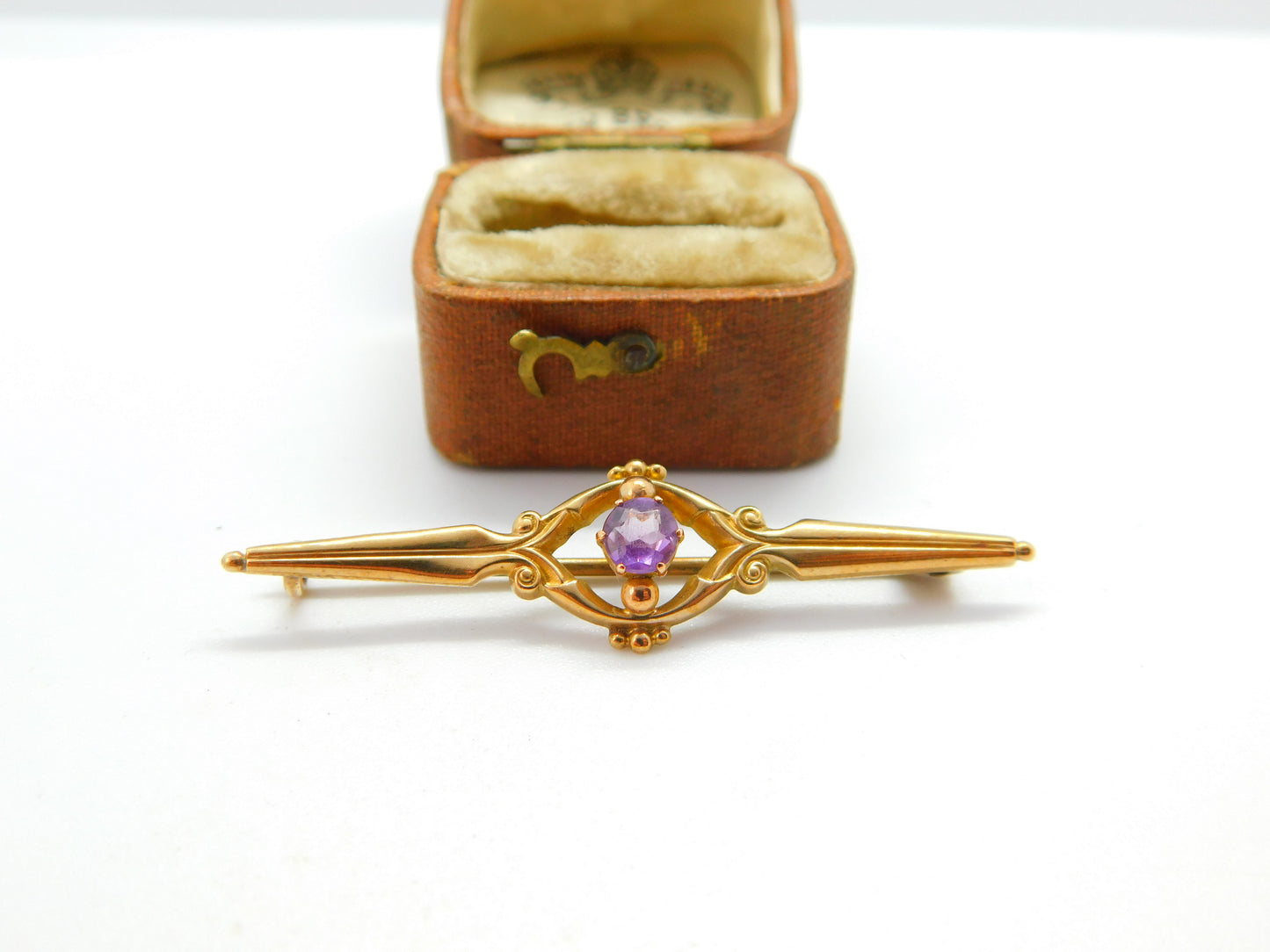 9ct Yellow Gold and Amethyst Set Bar Brooch 1933 Birmingham Vintage