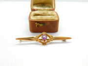 9ct Yellow Gold and Amethyst Set Bar Brooch 1933 Birmingham Vintage
