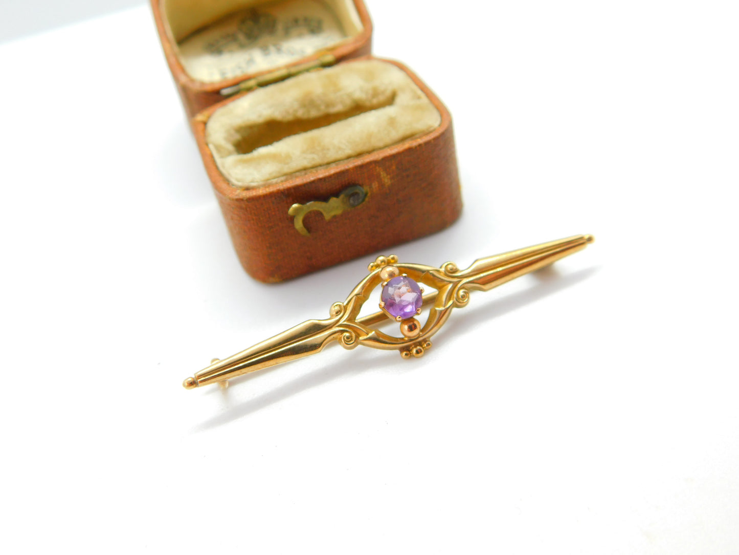 9ct Yellow Gold and Amethyst Set Bar Brooch 1933 Birmingham Vintage