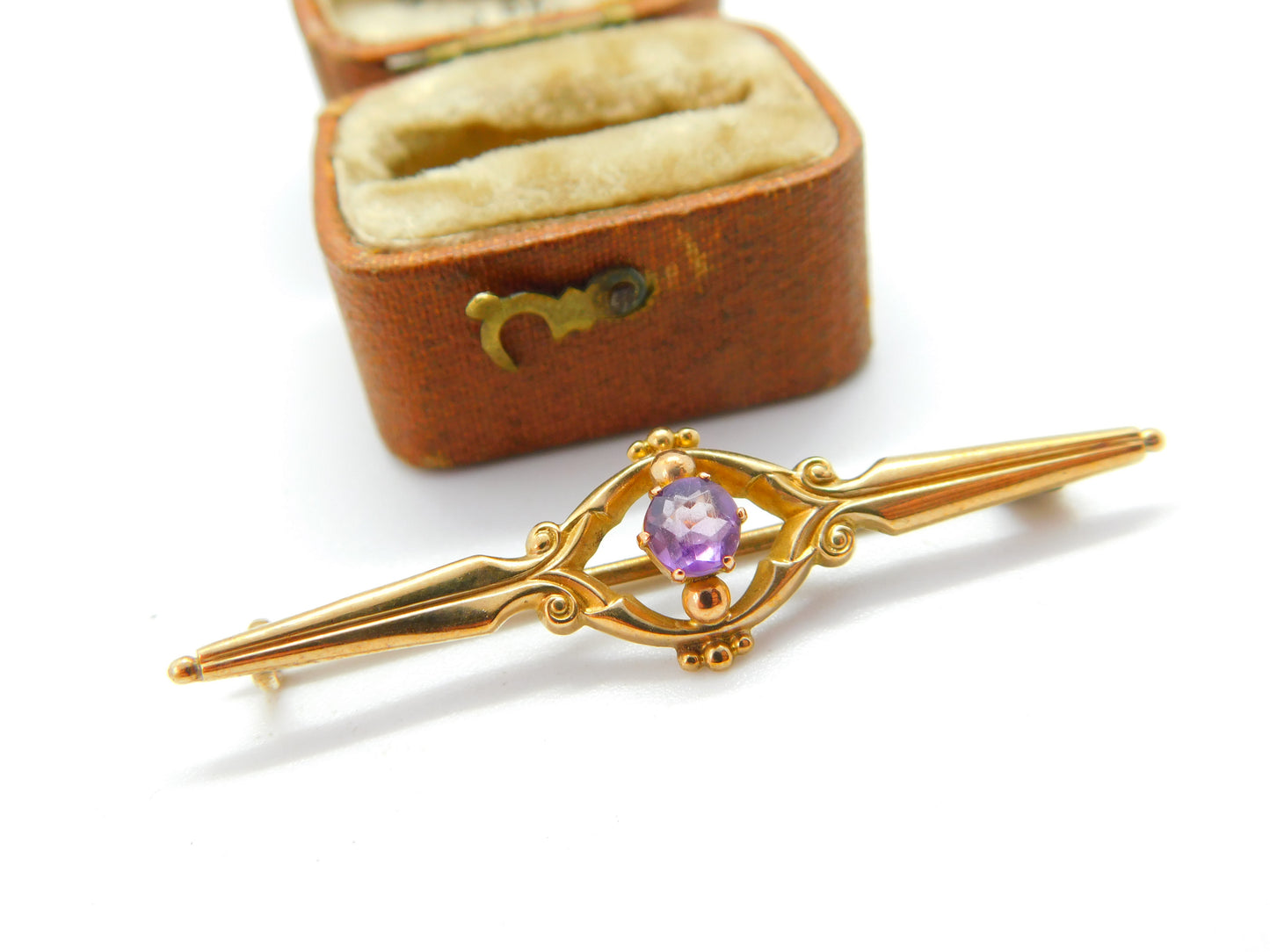 9ct Yellow Gold and Amethyst Set Bar Brooch 1933 Birmingham Vintage