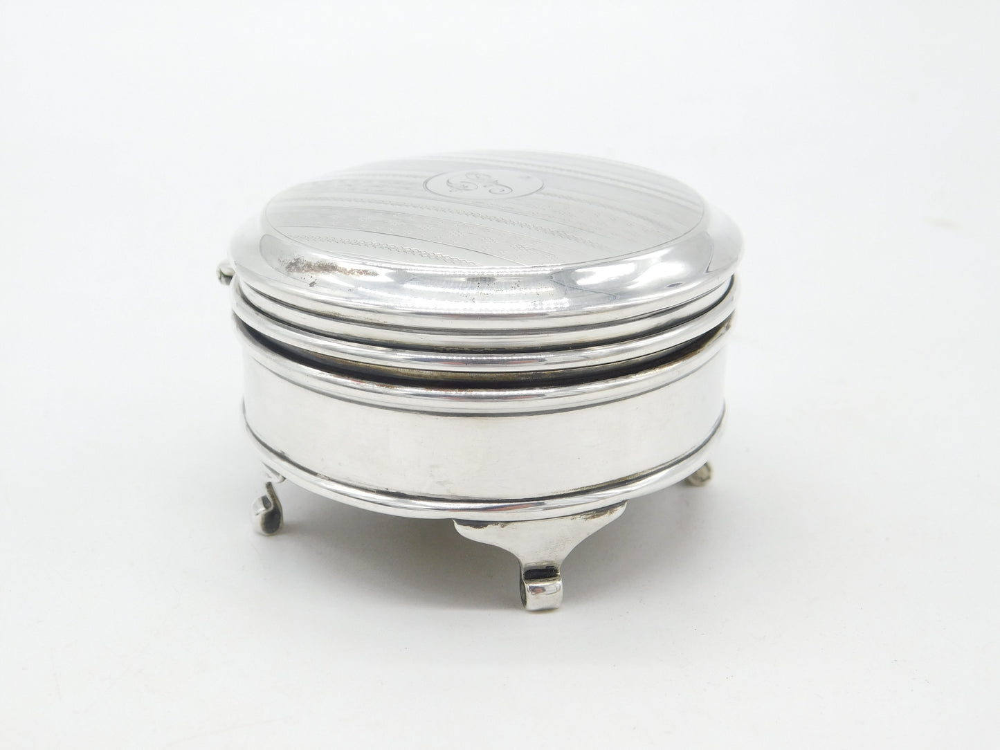 Sterling Silver 'P' Initial Circular Jewellery Box Antique 1918 Birmingham Deco