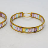 Pair of 9ct Yellow Gold & Colourful Topaz Hoop Earrings Vintage Sheffield
