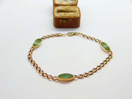 9ct Gold Curb Link Bracelet with Green Jade Panelling Vintage c1980 8.2"