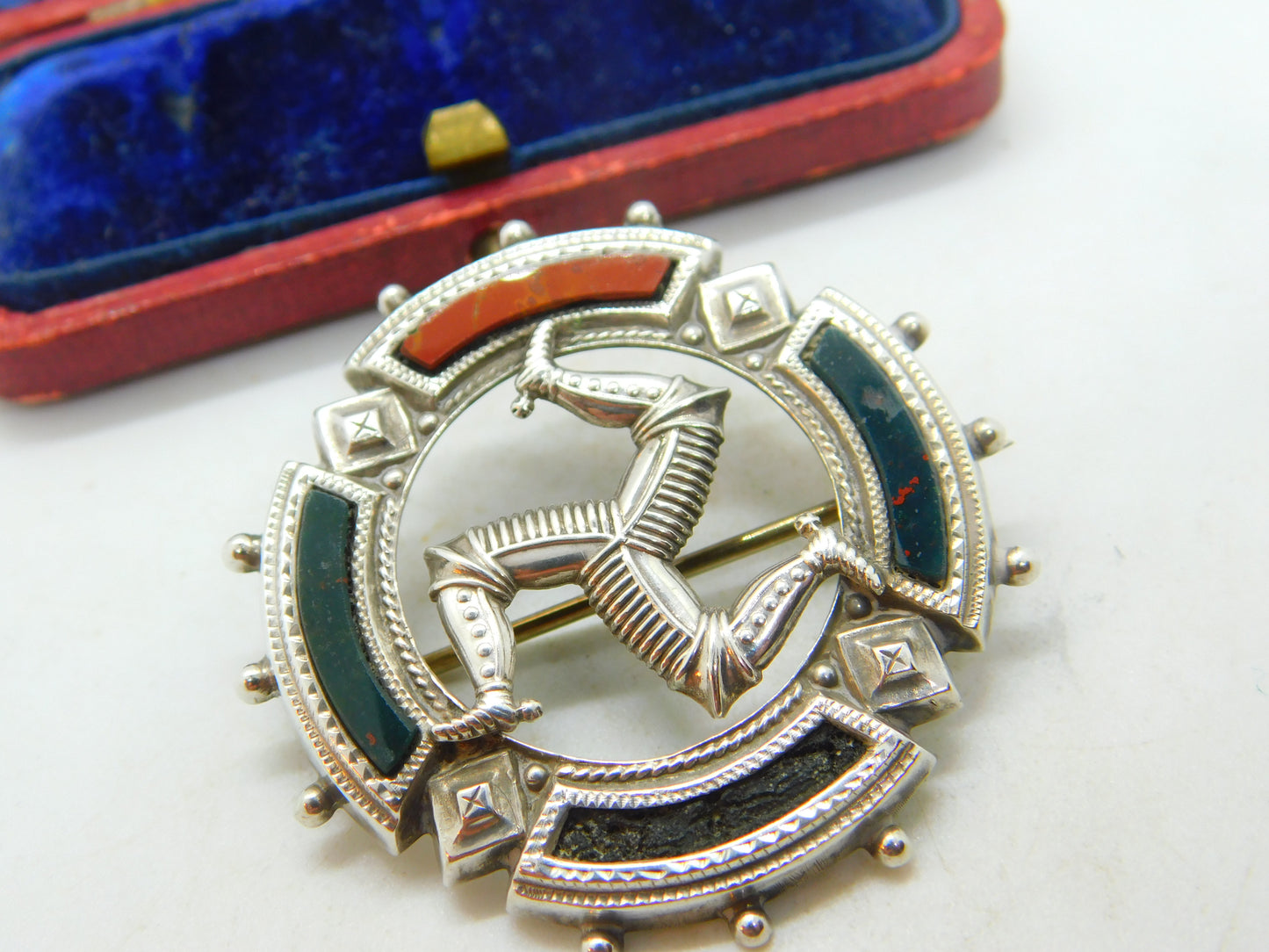 Victorian Sterling Silver, Bloodstone & Agate 'Three Legs Of Mann' Brooch c1890