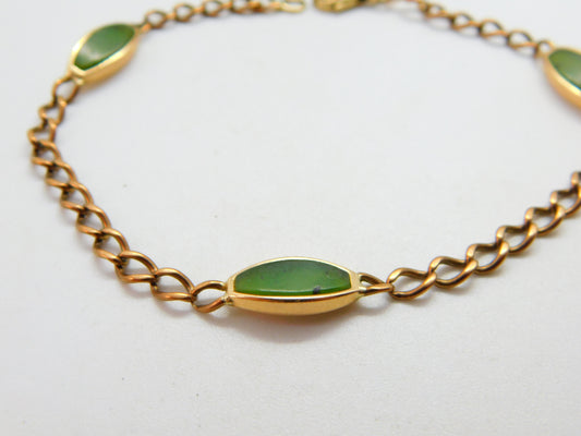 9ct Gold Curb Link Bracelet with Green Jade Panelling Vintage c1980 8.2"