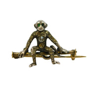 19th Century 9ct Gold & Silver Paste Set Monkey Brooch Antique c1880