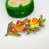 Victorian Sterling Silver Lily Flower Enamel Brooch Antique 1889 Birmingham