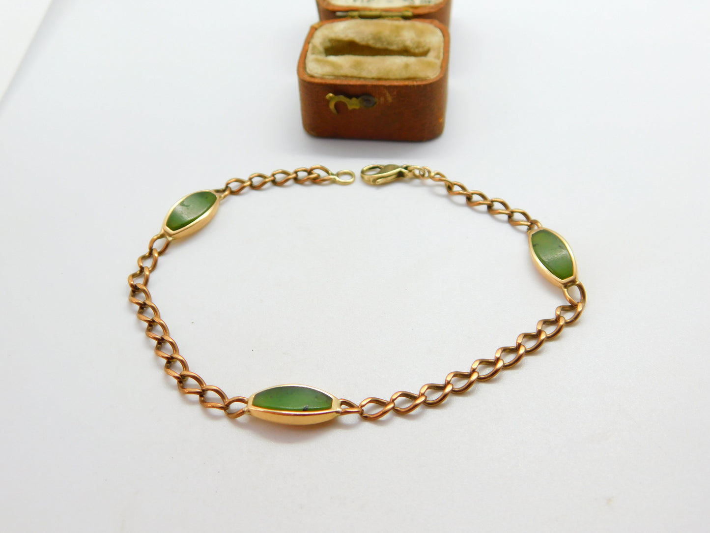 9ct Gold Curb Link Bracelet with Green Jade Panelling Vintage c1980 8.2"