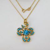 Victorian 9ct Gold Turquoise Set Lucky Shamrock Drop Necklace c1880 Antique
