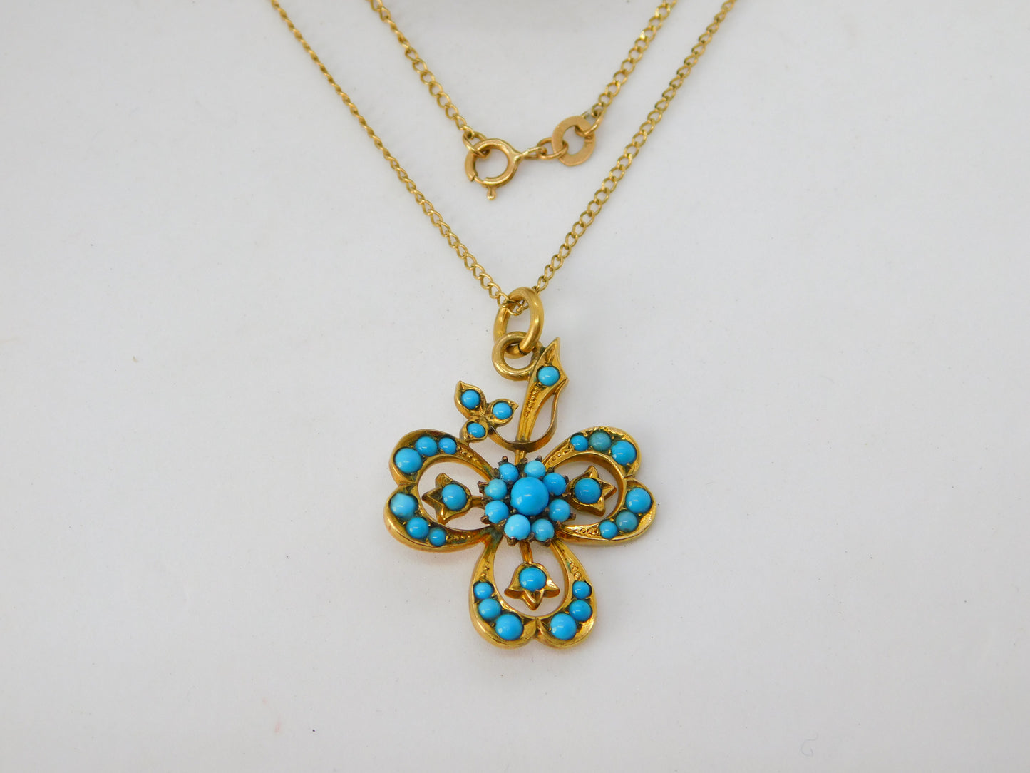 Victorian 9ct Gold Turquoise Set Lucky Shamrock Drop Necklace c1880 Antique