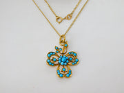 Victorian 9ct Gold Turquoise Set Lucky Shamrock Drop Necklace c1880 Antique