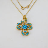 Victorian 9ct Gold Turquoise Set Lucky Shamrock Drop Necklace c1880 Antique