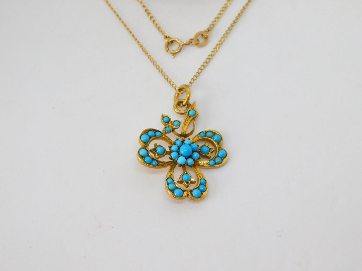 Victorian 9ct Gold Turquoise Set Lucky Shamrock Drop Necklace c1880 Antique