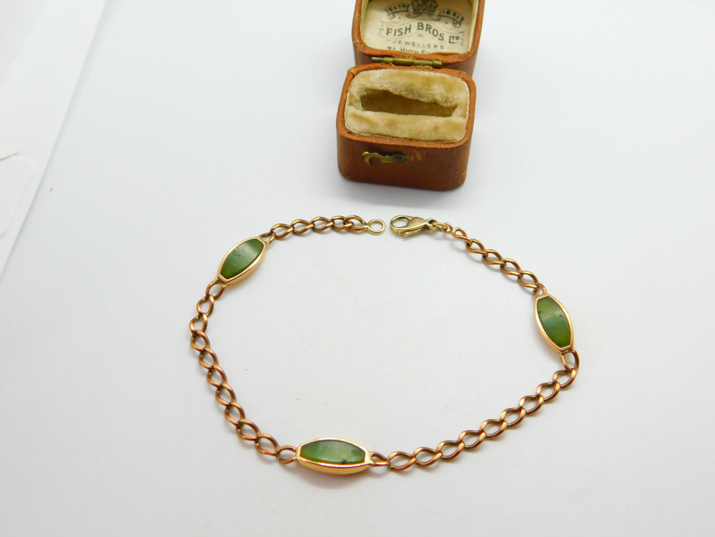 9ct Gold Curb Link Bracelet with Green Jade Panelling Vintage c1980 8.2"