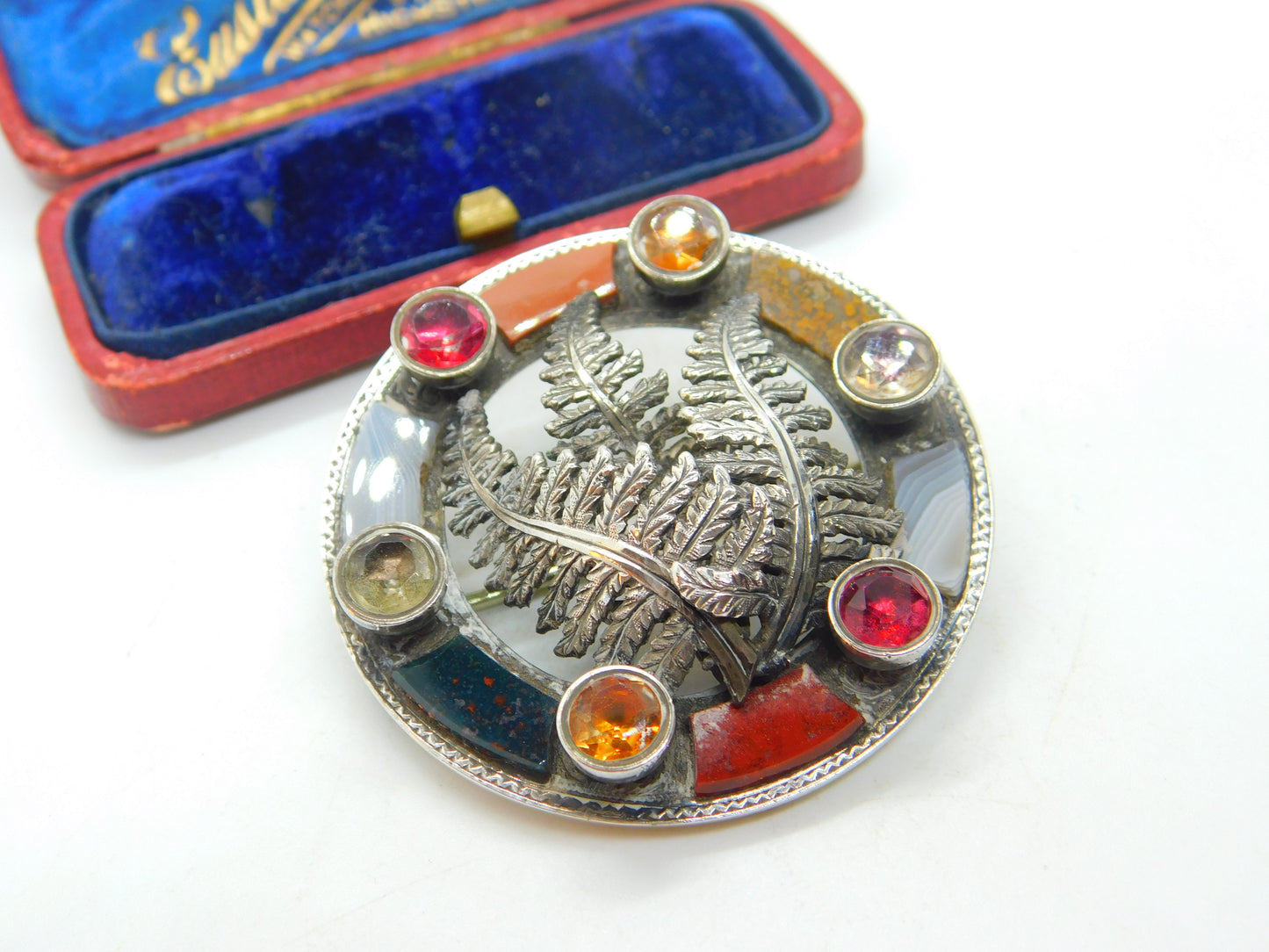 Victorian Scottish Sterling Silver Agate, Granite, Bloodstone, Paste Fern Brooch 1864 Kitemark