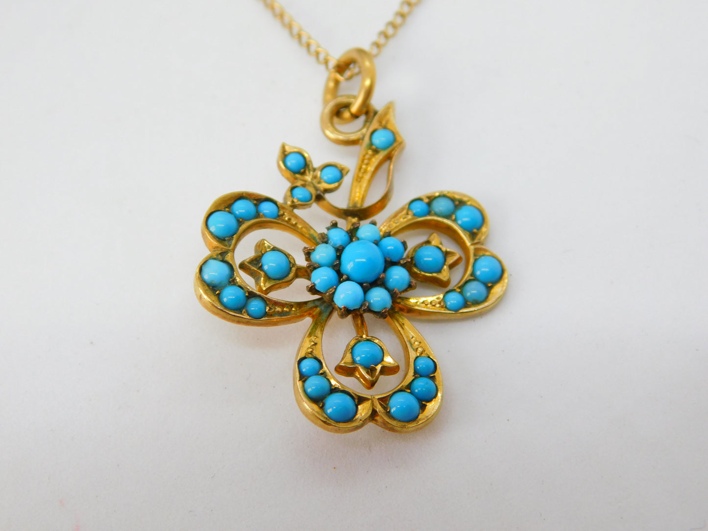 Victorian 9ct Gold Turquoise Set Lucky Shamrock Drop Necklace c1880 Antique