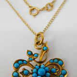 Victorian 9ct Gold Turquoise Set Lucky Shamrock Drop Necklace c1880 Antique