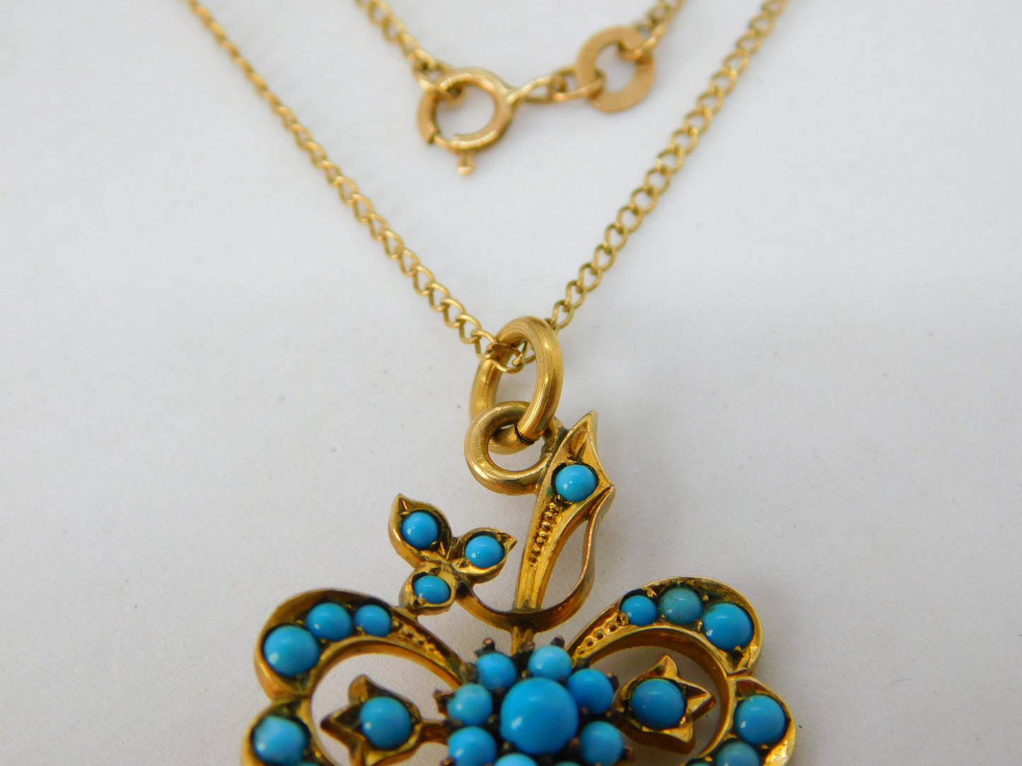 Victorian 9ct Gold Turquoise Set Lucky Shamrock Drop Necklace c1880 Antique