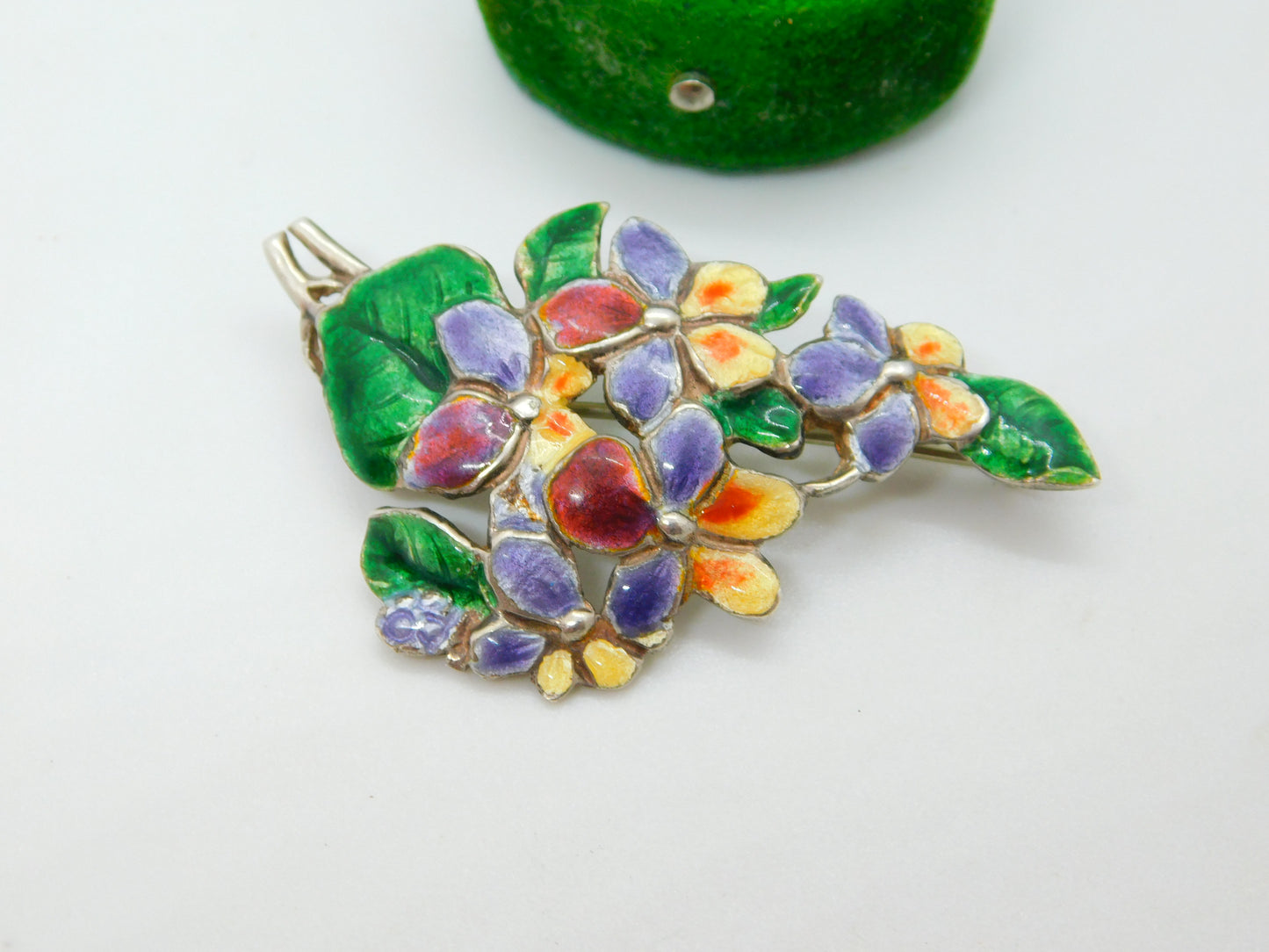 Victorian Sterling Silver Colourful Enamel Floral Pattern Brooch Antique c1900