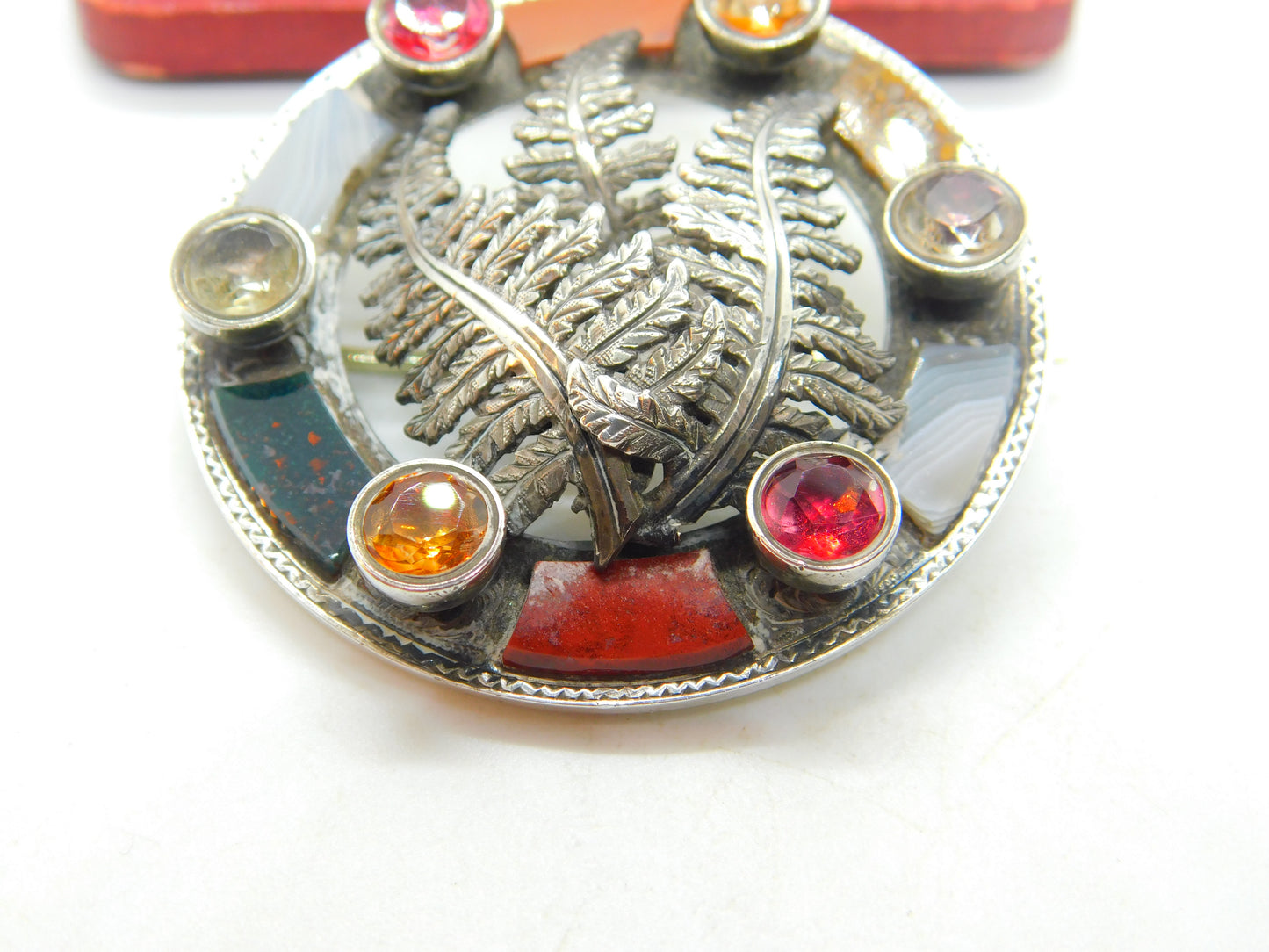 Victorian Scottish Sterling Silver Agate, Granite, Bloodstone, Paste Fern Brooch 1864 Kitemark