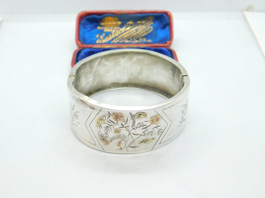 Aesthetic Movement 9ct Gold & Sterling Silver Bangle Bracelet Antique c1860