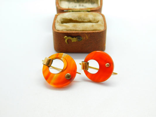 Early Victorian 14ct Yellow Gold Carved Carnelian Disc Hook Earrings c1850