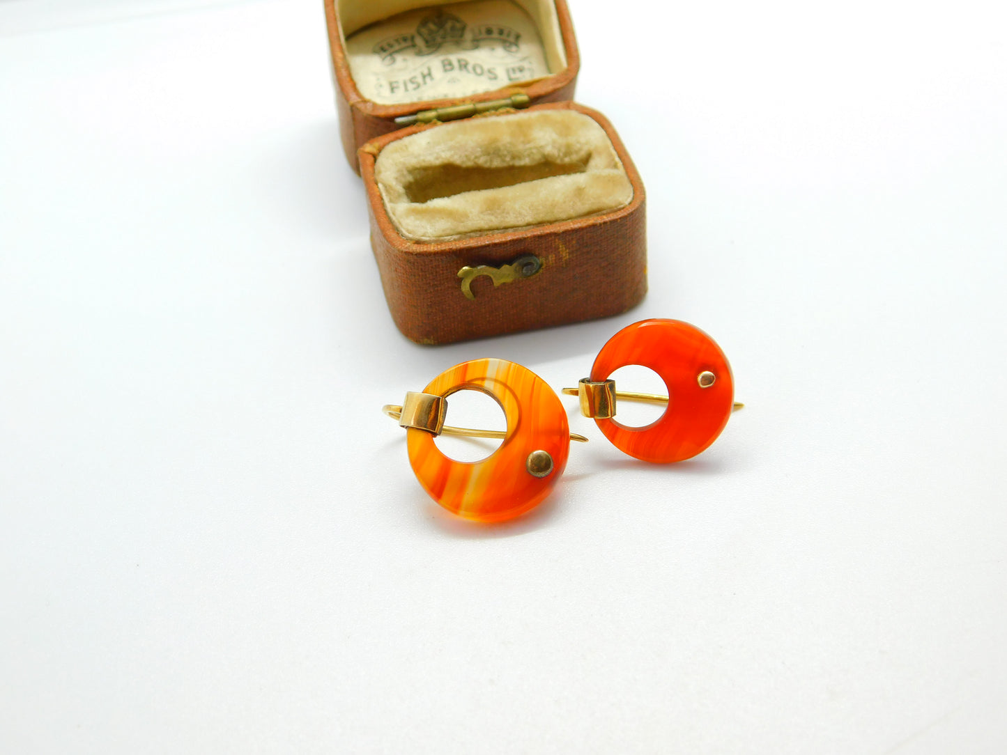 Early Victorian 14ct Yellow Gold Carved Carnelian Disc Hook Earrings c1850