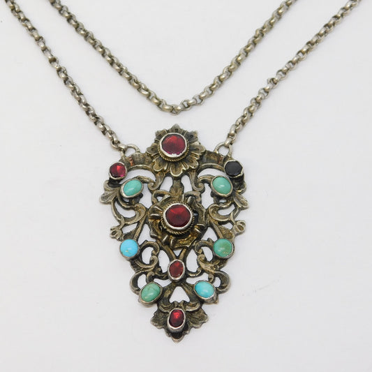 19th Century Austro-Hungarian Large Sterling Silver, Turquoise, Garnet Necklace c1860