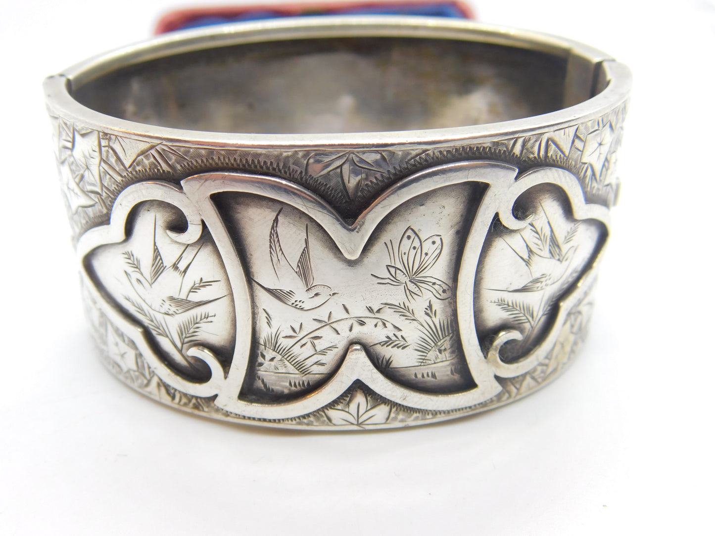 Aesthetic Movement Victorian Sterling Silver Bird & Butterfly Bangle Bracelet c1890