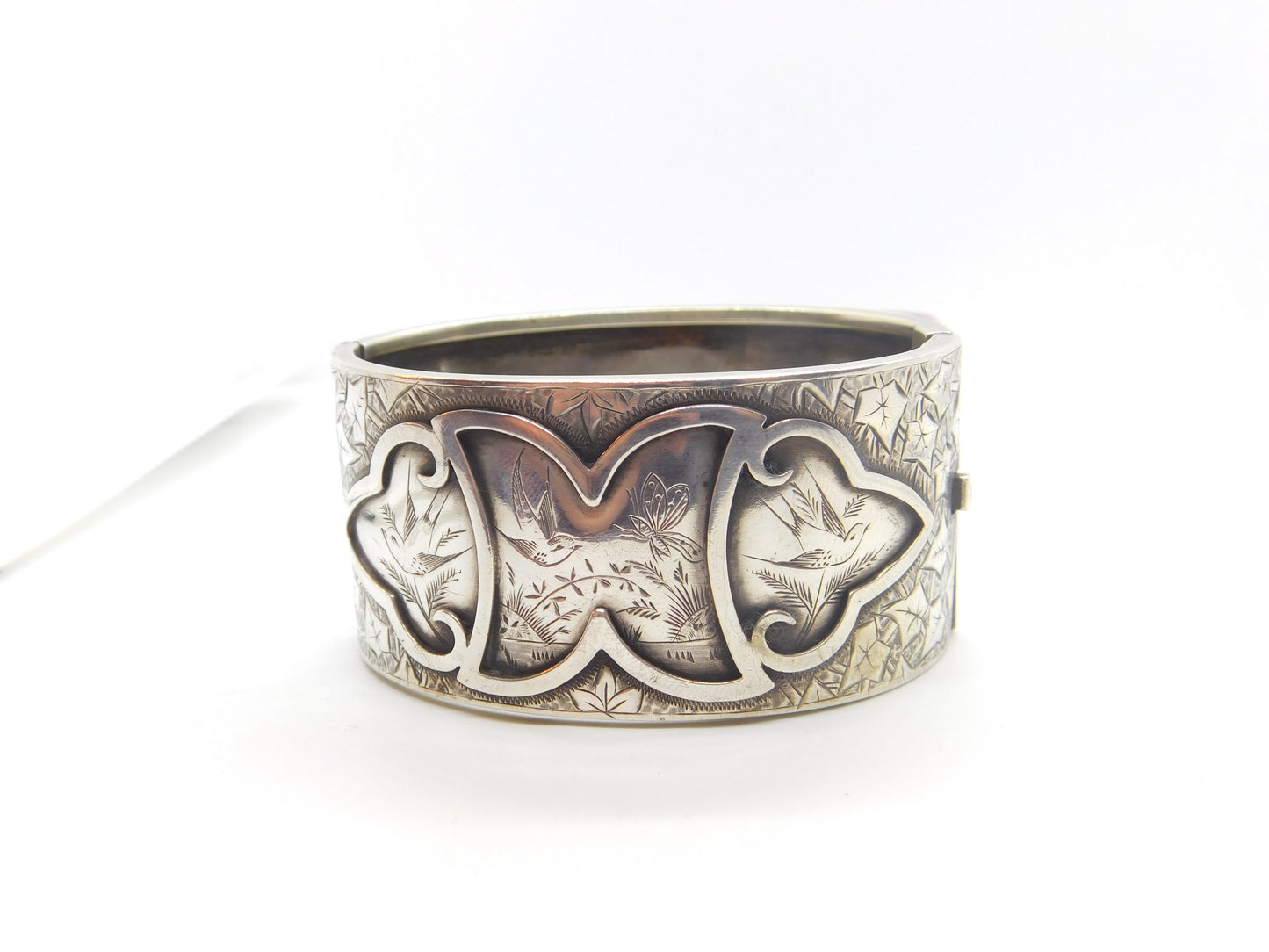 Aesthetic Movement Victorian Sterling Silver Bird & Butterfly Bangle Bracelet c1890