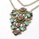 19th Century Austro-Hungarian Large Sterling Silver, Turquoise, Garnet Necklace c1860