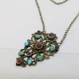 19th Century Austro-Hungarian Large Sterling Silver, Turquoise, Garnet Necklace c1860