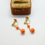 9ct Yellow Gold & Carved Ball Red Coral Drop Clip-On Earrings c1880 Antique