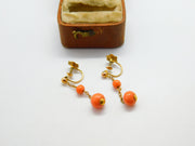 9ct Yellow Gold & Carved Ball Red Coral Drop Clip-On Earrings c1880 Antique
