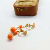 9ct Yellow Gold & Carved Ball Red Coral Drop Clip-On Earrings c1880 Antique