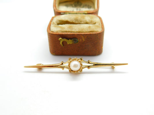 9ct Yellow Gold & Pearl Set Sweetheart Bar Brooch Antique c1930 Art Deco