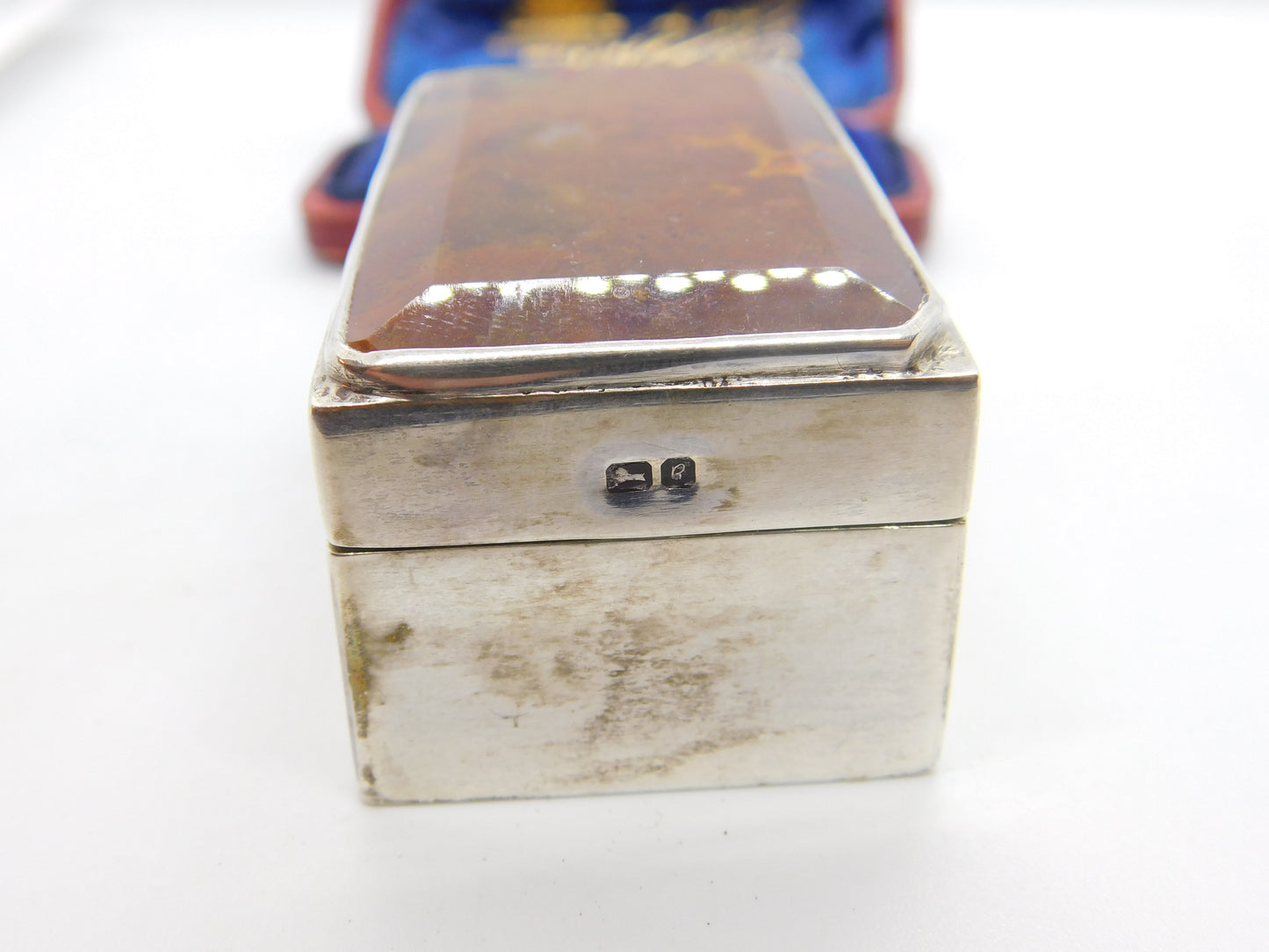 Sterling Silver & Red Agate Topped Trinket Box 1991 Birmingham Vintage