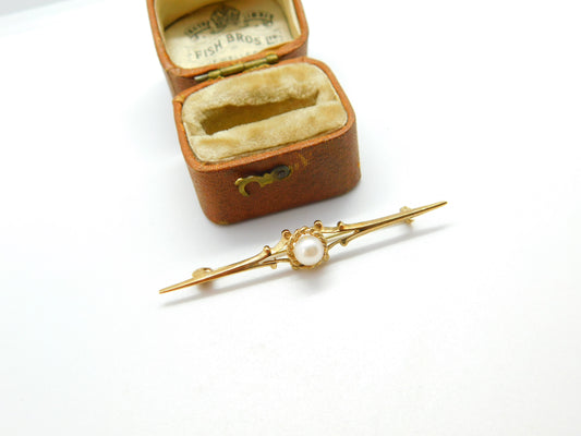 9ct Yellow Gold & Pearl Set Sweetheart Bar Brooch Antique c1930 Art Deco