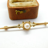 9ct Yellow Gold & Pearl Set Sweetheart Bar Brooch Antique c1930 Art Deco