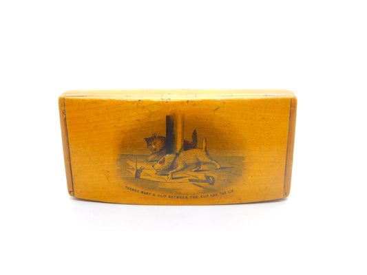 Rare Mauchline Ware Snuff Box with Dogs Chasing Rats Scene Antique c1880